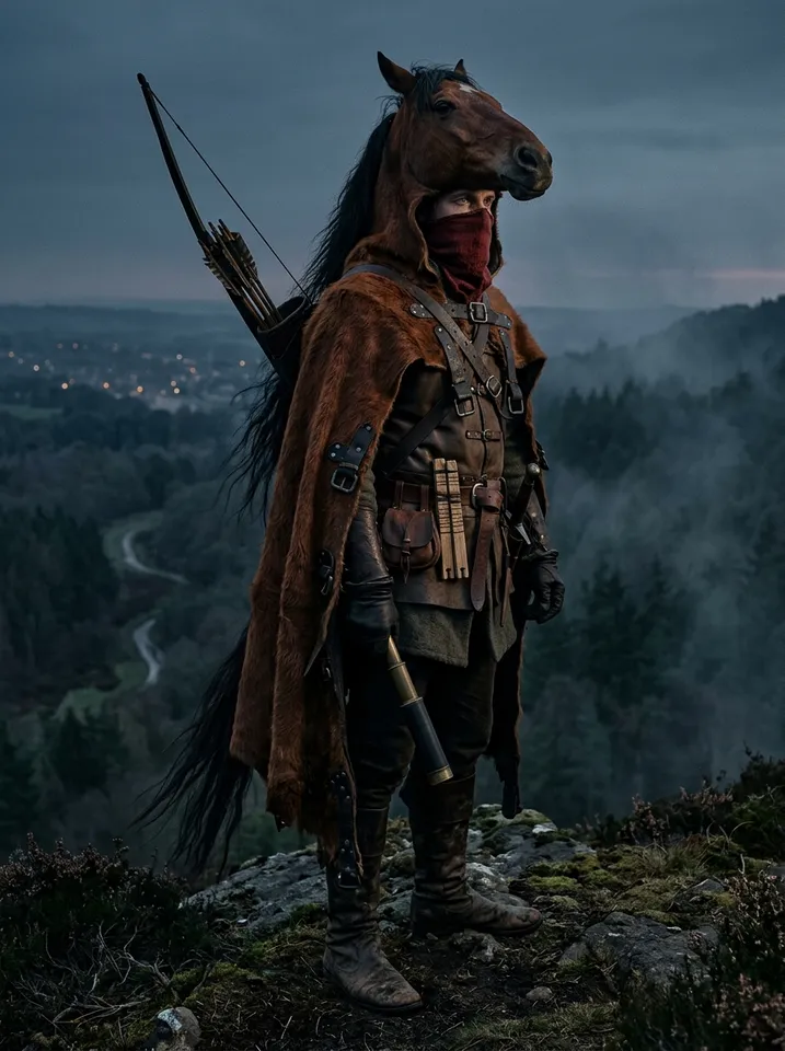 The Hunter: Gisborne in his horse-hide cloak on a ridge above Sherwood
